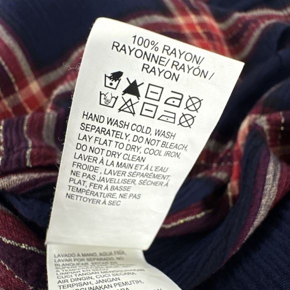 Lucky Brand Plaid Blouse Women 1X Navy Blue Boho Tassel Tie Rayon Top - Picture 11 of 12